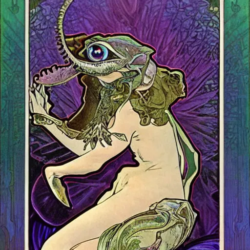 Prompt: a single fantasy hybrid animal with features of an armored catfish, a sea robin, and a lamprey that has six large eyes the animal is swiming in purple toned water in a jagged rocky landscape by alphonse mucha and brian froud.