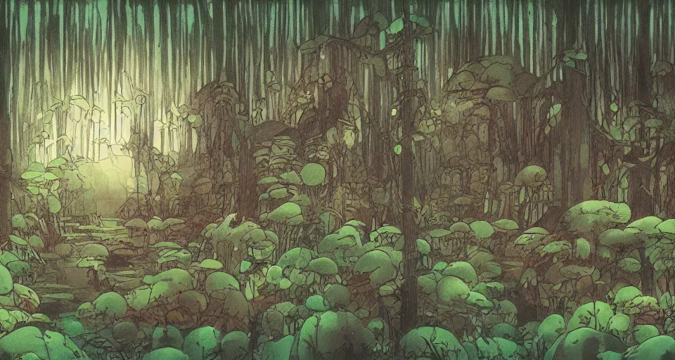 Image similar to A dense and dark enchanted forest with a swamp, by Studio Ghibli