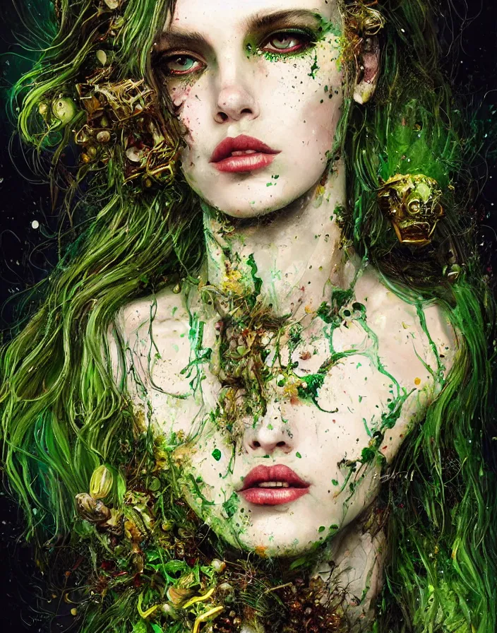 Prompt: a splatterpunk portrait of a gorgeous woman with eldritch woven hair and green and gold twigs and feathers for hair, with green glossy lips, hyperrealistic, award-winning, in the style of Tom Bagshaw, Cedric Peyravernay