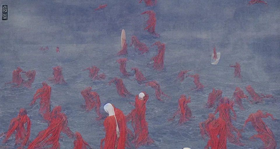 Prompt: worshippers in robes belonging to the cult of the ocean surfing in waves, standing on surfboards, surfing inside one large barreled wav, high detatiled beksinski painting, part by adrian ghenie and gerhard richter. art by takato yamamoto. masterpiece, deep colours, blue