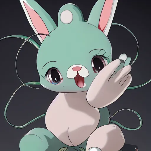 Prompt: Small anthropomorphic 1.50 metres tall bunny with green eyes, grey hair, light brown body with a light-coloured spot on her belly going to the end of her tail, middle-sized ears and fluffy paws touching her cheeks with white spots under her eyes from which two tendrils grow, anime style