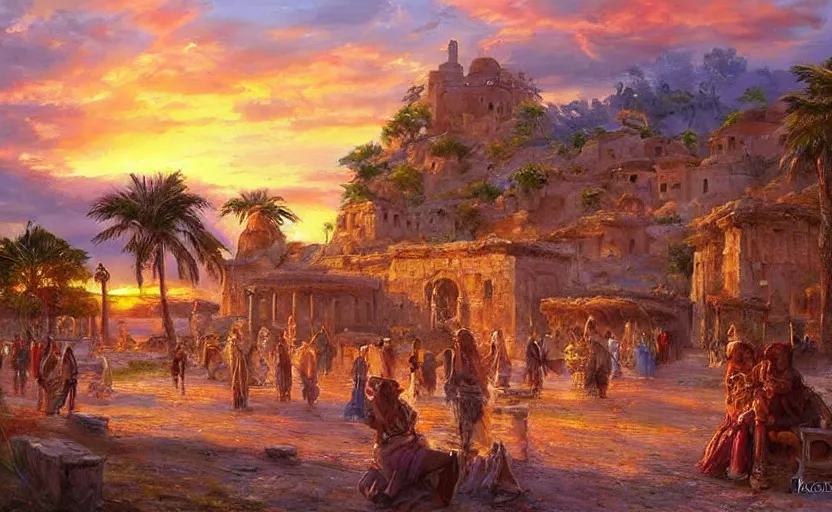 Image similar to Ancient elfic city at sunset. By Konstantin Razumov, highly detailded