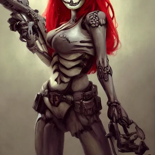 Image similar to cute & beautiful smug smiling undead skeleton girl with very attractive face and red hair dressed as a metrocop, elegant, digital art, fullbody painting, fantasy, pixar style, painting, pin up, highly detailed, artstation, art by artgerm, vrubel, greg rutkowski, ilya kuvshinov, raymond swanland