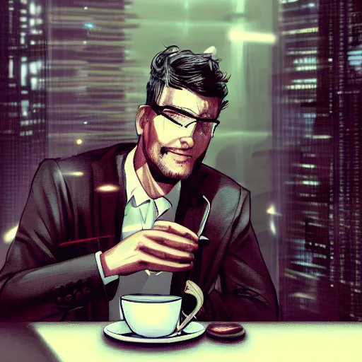 Image similar to handsome startup CEO having a cup of coffee. sci-fi cyberpunk concept art