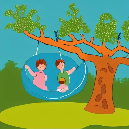 Prompt: a cartoon illustration of mom dad and kid who are shaped like a circle, pushing their kid on a tree swing. bold colors, indigo, mustardy yellow, pea green