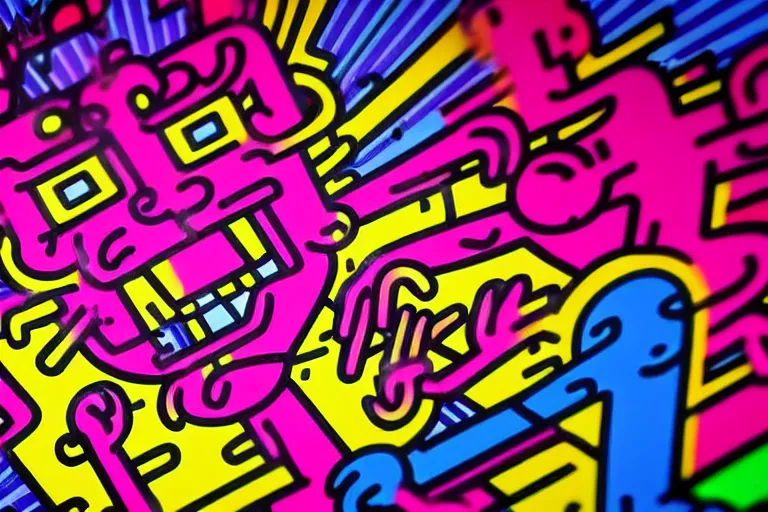 Image similar to someone taking a selfie smiling during the apocalypse, bright neon colors, intricate details, complementary colors, detailed face, backlighting, octane render, depth of field, extremely detailed, trending in artstation, focus on face, sharp focus, radiant light, beautiful composition, drawn by roy lichtenstein, keith haring, romero britto