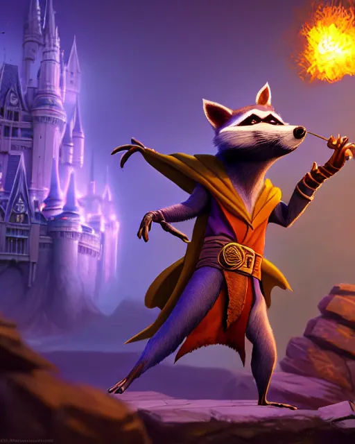 Image similar to 3 d model, highly detailed digital illustration portrait of hooded sorcerer sly cooper raccoon casting a magical glowing spell in a castle, action pose, d & d, magic the gathering, craig mullins, artgerm, moebius, dan mumford, octane, wlop, disney, pixar,