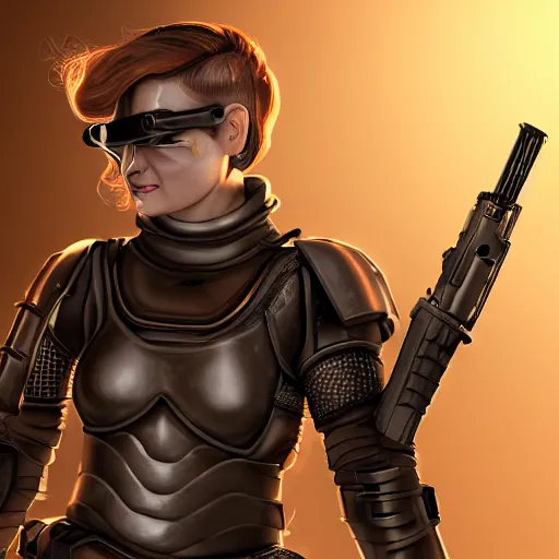 Image similar to female artificer with futuristic rifle, tubes connecting mediaeval half plate armor to rifle, brown hair, smiling, portrait, goggles over forehead, trending on artstation, digital art