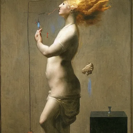 Image similar to A art installation. A rip in spacetime. Did this device in her hand open a portal to another dimension or reality?! instruction manual by Augustus Edwin Mulready curvaceous