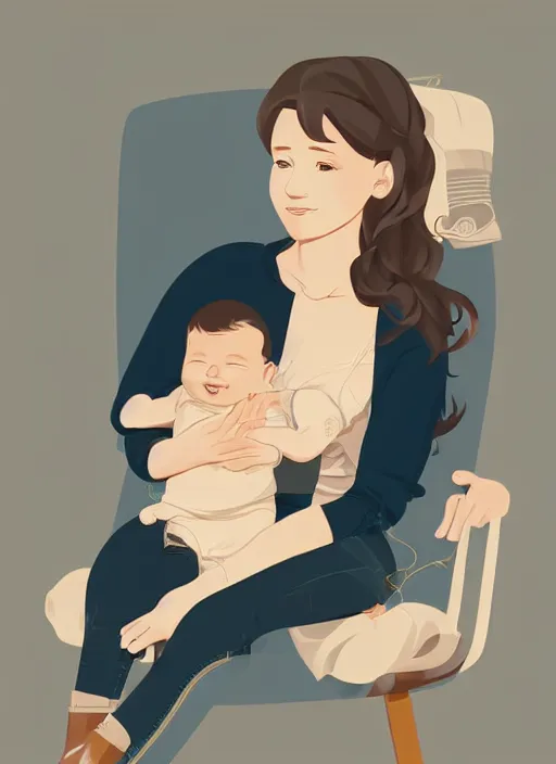 Image similar to a mother with short wavy curly light brown hair is sitting in a chair cradling a newborn baby. clean cel shaded vector art. shutterstock. behance hd by lois van baarle, artgerm, helen huang, by makoto shinkai and ilya kuvshinov, rossdraws, illustration, art by ilya kuvshinov