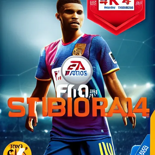 Image similar to the next football superstar from 2034 on the cover of the Fifa game of that very year, high quality very detailed 4k