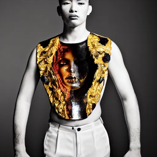 Image similar to a portrait of a beautiful young male wearing an alexander mcqueen croptop made of latex , photographed by andrew thomas huang, artistic