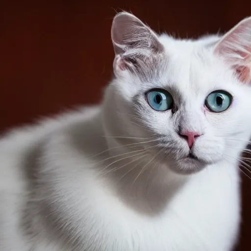 Prompt: white cat big eyes a lot of fur cute highly detailed high - quality photo realistic 8 k