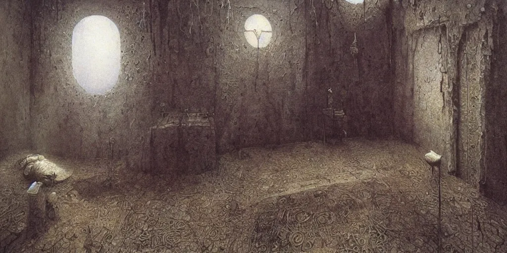 Prompt: detailed room of alchemist by Beksinski, Luis Royo