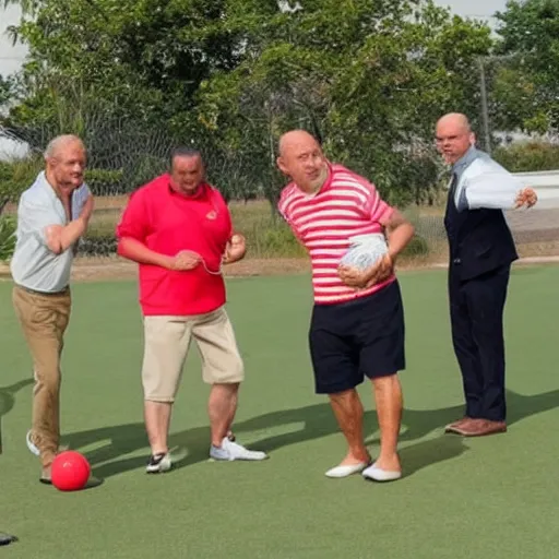 Prompt: A photo of Politicians playing football with a watermelon on a gold course.