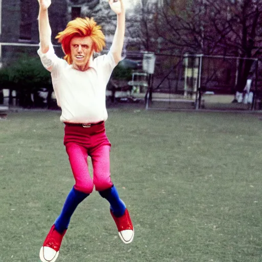 Prompt: david bowie goes skipping in a school playground