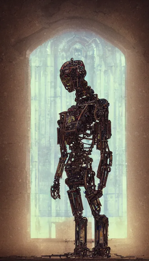 Prompt: portrait of broken humanoid metal robot praying in empty church, sunshine through window, bladerunner, cold color scheme, digital illustration, artstation, cinematic composition, detailed textures