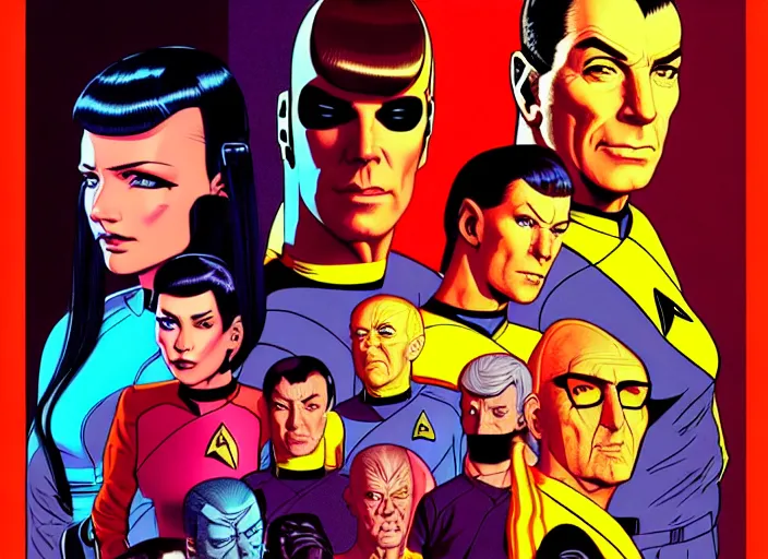 Image similar to cyberpunk star trek tos crew. portrait by stonehouse and mœbius and will eisner and gil elvgren and pixar. character design. realistic proportions. star trek 1 9 7 7 character art, blade runner 2 0 4 9 concept art. cell shading. attractive face. thick lines. the team. diverse characters. artstation.