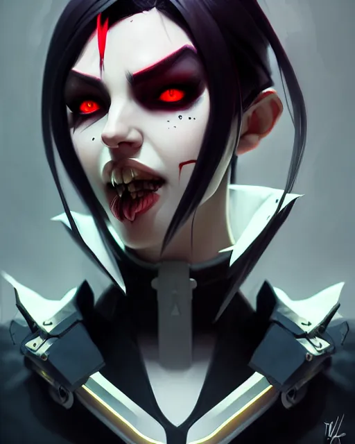 Prompt: hq rendering, dark vampire, character portrait, concept art, painterly, fanart, highly detailed in the style of overwatch by ilya kuvshinov, wenjun lin, angular geometric symmetrical design