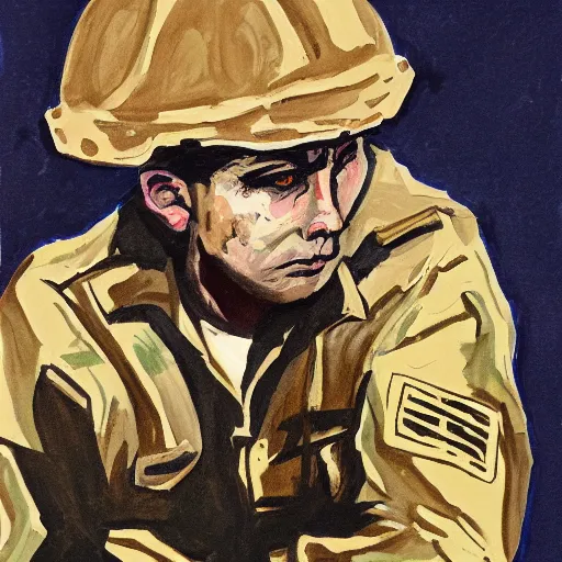 Prompt: Weary jarhead. Gouache. Award winning.