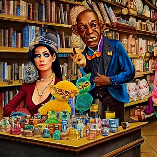 Prompt: beautiful lifelike painting of flava flav and amy winehouse buying a rare furby collection in downton abbey, hyperreal detailed facial features and uv lighting, art by ed roth and basil wolverton