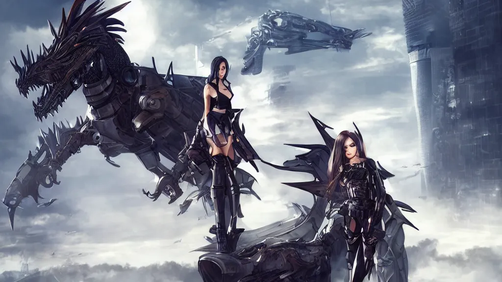 Prompt: modern warrior woman with a cropped jacket and miniskirt and thigh high socks and combat boots riding a mechanical futuristic dragon flying over post apocalyptic skyscraper buildings, realistic face, smooth facial features, beautiful eyes, daytime, matte painting, like artgerm