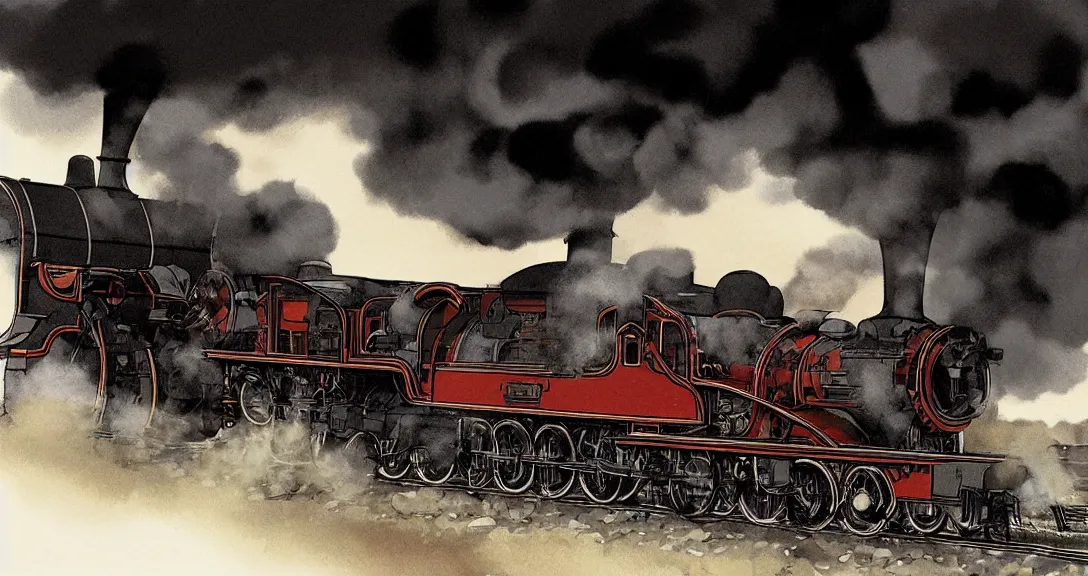 Image similar to cross - section close - up view of a steam train, autumn light, smoke, beautiful, by studio ghibli, by tomono yoshiyuki, digital art, concept art, sharp focus, illustration