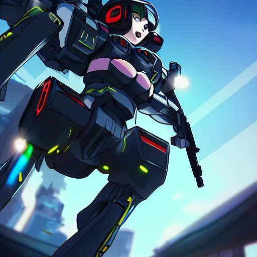 Prompt: girl in a military uniform jumping at a enemy mecha with the katana, cyberpunk anime art, full body shot, lens flare, trending on artstation, award - winning