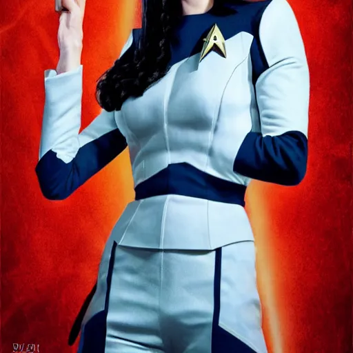 Prompt: a full body portrait of eva green as a vulcan star fleet officer from star trek next generation dressed in full uniform, ultra rendered extreme realism and detail, 8 k, highly detailed, realistic, completely framed, hyper realistic, colorful, direct lighting, 3 5 mm photo, photorealistic, sharp focus