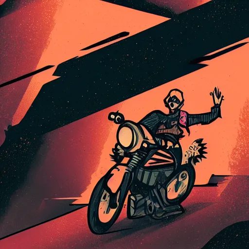 Prompt: a colorful comic noir illustration of a hot tattooed women riding a motorcycle through a post-apocalyptic desert by Queens of the Stone Age and sachin teng, dark vibes, street art, cinematic, high contrast, depth of field