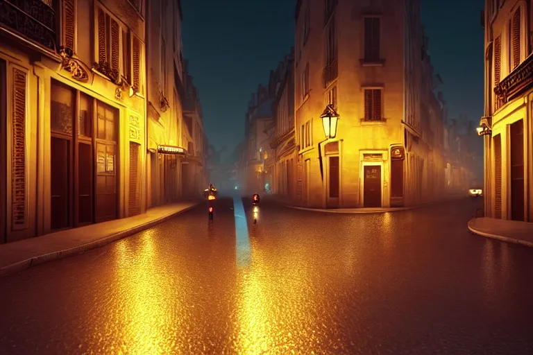 Image similar to a wholesome animation key shot of one focused ferrari, dynamic, on an ancient paris street, photo taken at night, wide shot, studio ghibli, pixar and disney animation, sharp, very detailed, high resolution, rendered in unreal engine 5, anime key art by greg rutkowski, overcast lighting, dark