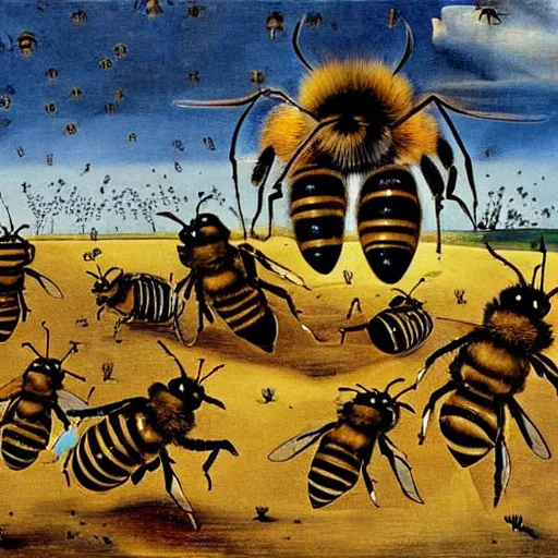 Prompt: when the bees attack, art by salvador dali, bosch, masterpiece