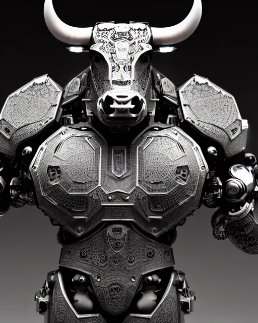 Prompt: a full body shot of an imposing cyborg bull modeled after a bull looking into the camera, diffused lighting, black skin!!!, intricate pattern, hard rubber chest, highly detailed, android, cyborg, full body shot, intricate, 3 d, symmetrical, octane render, fantasy, highly detailed, digital art, artstation, strong bokeh