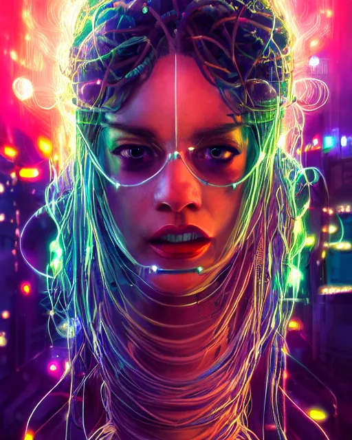 Image similar to a cyberpunk close up portrait of cyborg medusa, electricity, rainbow, snakes in hair, sparks, bokeh, soft focus, skin tones, warm, daylight, geometric, by unreal engine, paul lehr, jesper ejsing