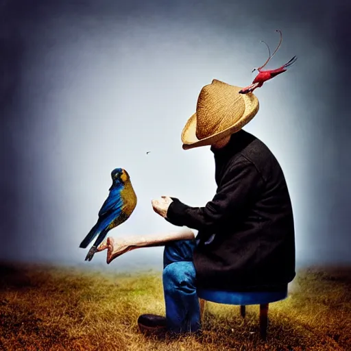 Prompt: old man with hat, bird sitting on top of hat, brooke shaden