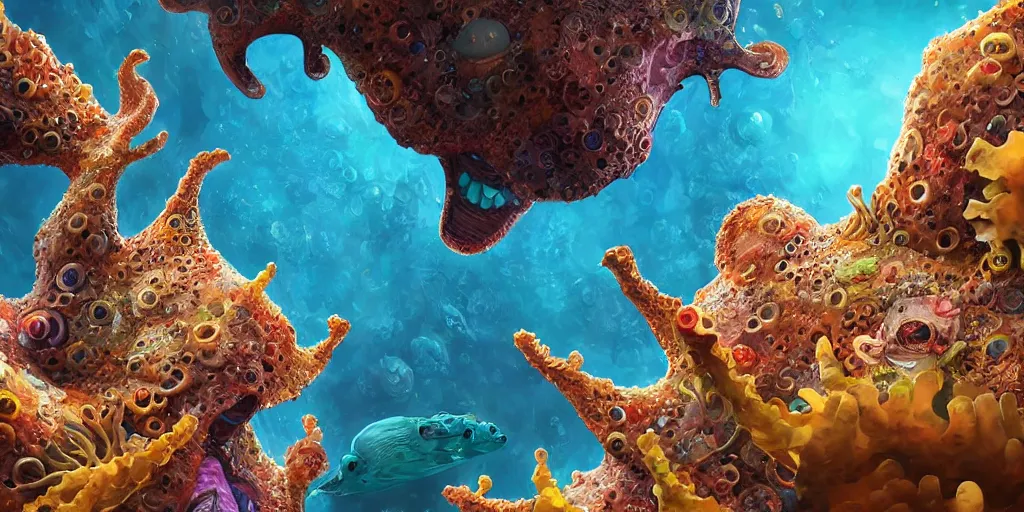 Image similar to of an intricate sea reef with strange cute friendly happy creatures with huge eyes, mouth, long tongue, round teeth and goofy face, appearing from the background, in the style of gehry and gaudi, macro lens, shallow depth of field, ultra detailed, digital painting, trending artstation, concept art, illustration, cinematic lighting, photorealism, epic, octane render