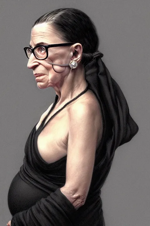 Image similar to pregnant ruth bader ginsburg in a thin black robe, realistic portrait, symmetrical, highly detailed, digital painting, artstation, concept art, smooth, sharp focus, illustration, cinematic lighting, art by artgerm and greg rutkowski and alphonse mucha
