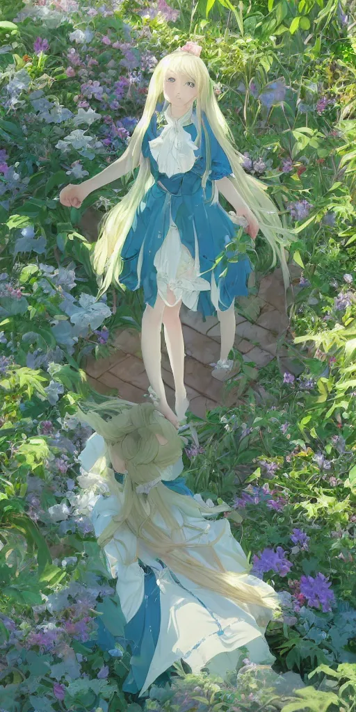 Image similar to a digital art of a loli with long hair in a dress in the privet garden at after noon, green and blue and warm theme, back lighting, highly detailed, 4 k resolution, trending on art station, elegant, by krenz cushart and mucha and akihito yoshida and greg rutkowski and makoto shinkai