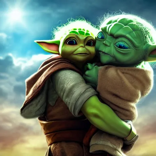 Image similar to link from the legend of zelda holding baby yoda in her arms, detailed, hyper realistic, 4 k octan render, unreal 5