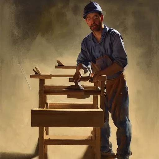 Image similar to greg manchess portrait painting of simple carpenter fine woodworker | building a wooden table in their well organized clean workshop, medium shot, asymmetrical, profile picture, organic painting, sunny day, matte painting, bold shapes, hard edges, street art, trending on artstation, by huang guangjian, gil elvgren, ruan jia, randy vargas, greg rutkowski