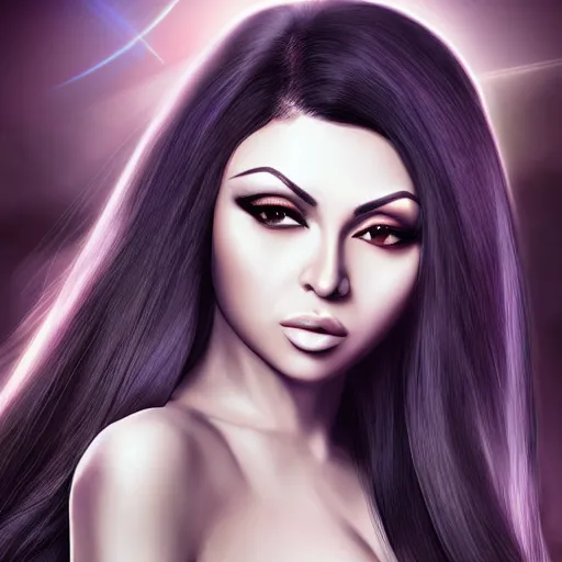 Image similar to portait haifa wehbe, centred, very long hair, hd, unreal engine, art digital painting, qin's moon style, amazing background theme