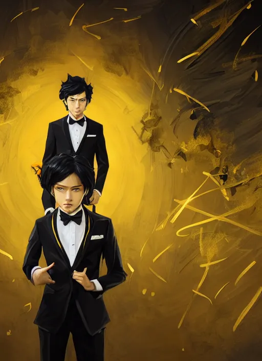 Image similar to a highly detailed illustration of young attractive black haired asian boy wearing black suit and tie with coattails, yellow eyes, dramatic elegant pose, strings background, intricate, elegant, highly detailed, centered, digital painting, artstation, concept art, smooth, sharp focus, league of legends concept art, wlop.