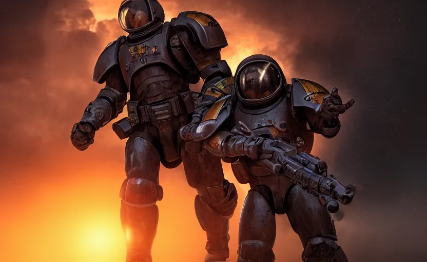 Image similar to gritty comic book cover, 2 beautiful woman space marines!, back to back firing heavy bolters, shouting, pretty eyes, sunset lighting, war silhouette in background, hyper realism, realistic shading, cinematic composition, blender render, octane render, hdr, detailed textures, photorealistic, ultrawide shot, 1 6 mm lens