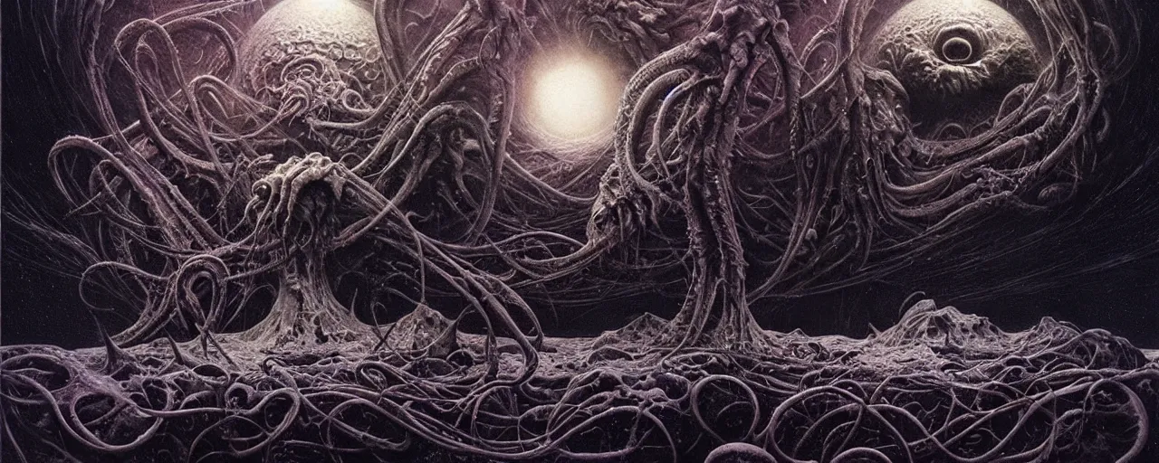 Image similar to outer space with eldritch terror and Cthulhu in the middle of composition, cosmic horror, ultra realistic, highly detailed, HD, sharp focus, cinematic lighting, realistic, art by HR Giger, art by Zdzislaw Beksinski