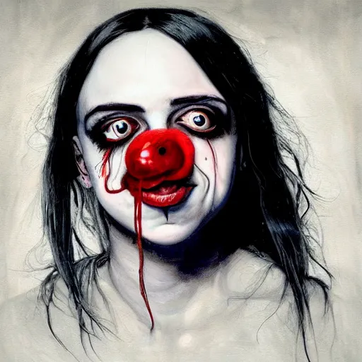 Image similar to grunge painting of billie eilish with her face split down the middle with a wide smile and a red balloon by chris leib, loony toons style, pennywise style, corpse bride style, horror theme, detailed, elegant, intricate