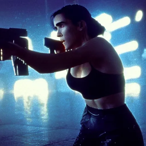 Image similar to jennifer connelly starring in a cyberpunk movie in a distopic futuristic city in the style of bladerunner, wearing a cropped black tank top, black boyshorts and black boots, firing a gun, muzzle flash, movie still, highly detailed, rainy night, volumetric lights, dramatic, scifi, sharp focus