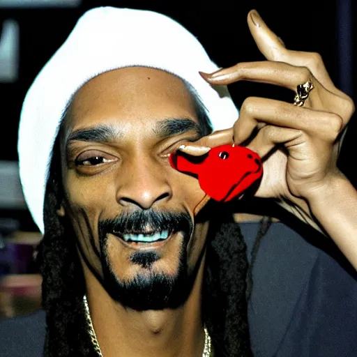 Image similar to Snoop Dog with big eyes eye color red , smiling and holding a joint in his hand