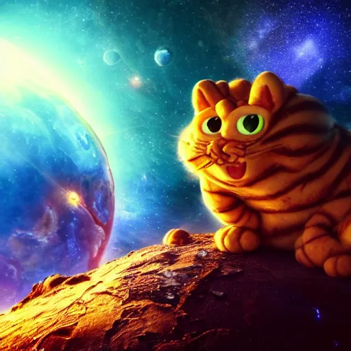 Image similar to one scary garfield in space, galaxy, hd, 8 k, explosions, gunfire, lasers, giant, epic, realistic photo, unreal engine, stars, prophecy, powerful, cinematic lighting, destroyed planet, debris, movie poster, violent, sinister, ray tracing, dynamic, print, epic composition, dark, lasagna, horrific