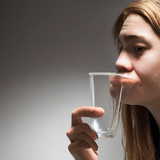 Prompt: macro of a teenage girl holds a glass of fresh water in a modern kitchen, close - up, depth field, advertising photography, 8 k, by nadav kander