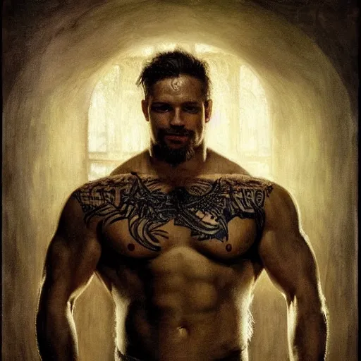 Image similar to handsome portrait of a wrestler guy bodybuilder posing, war hero, wearing singlet, intricate tattoos, radiant light, caustics, by gaston bussiere, bayard wu, greg rutkowski, giger, maxim verehin